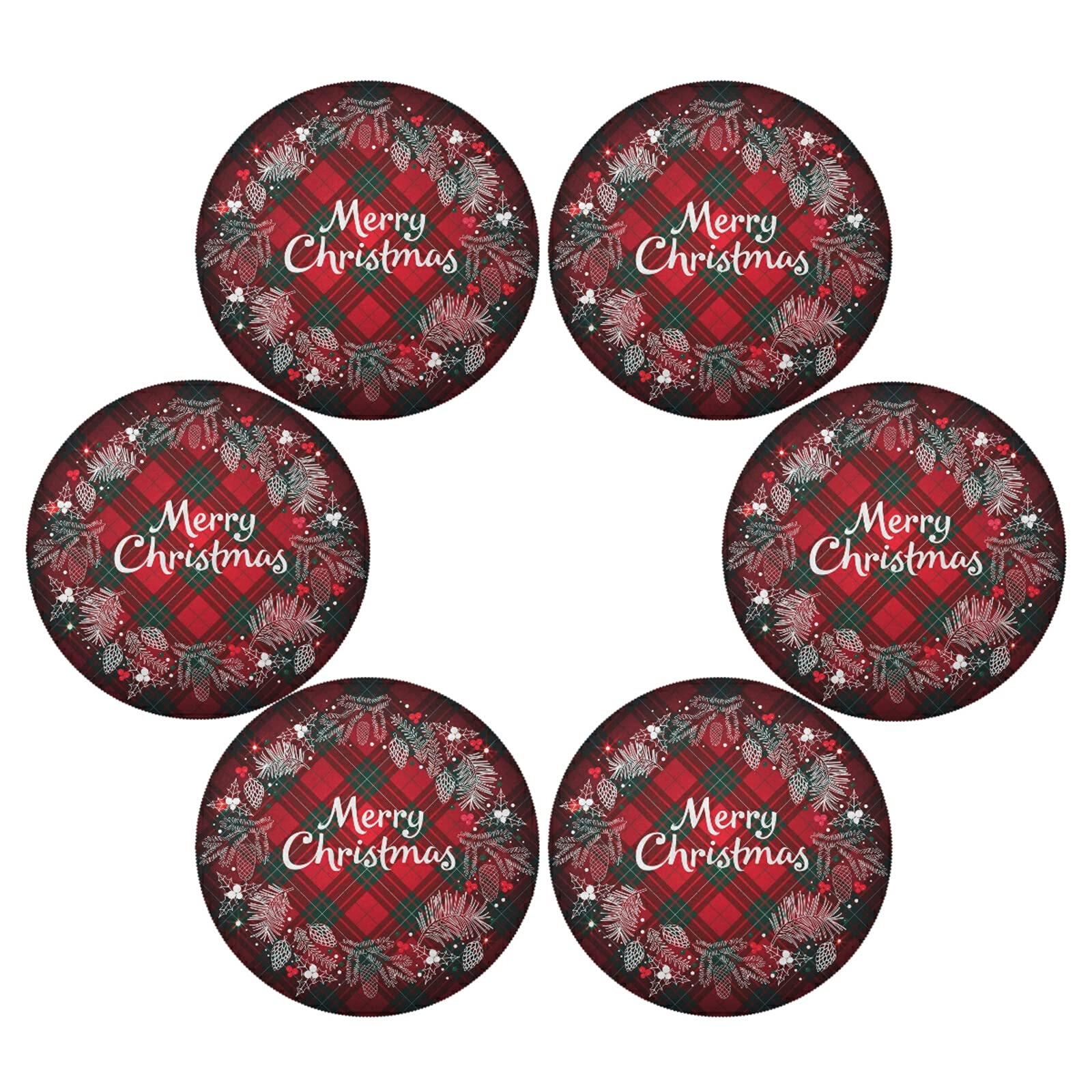 Christmas Placemats, Christmas Monogram Wreath Tartan Plaid Round Placemats Set of 6 for Kitchen Table Washable Kitchen Table Mats Place mats