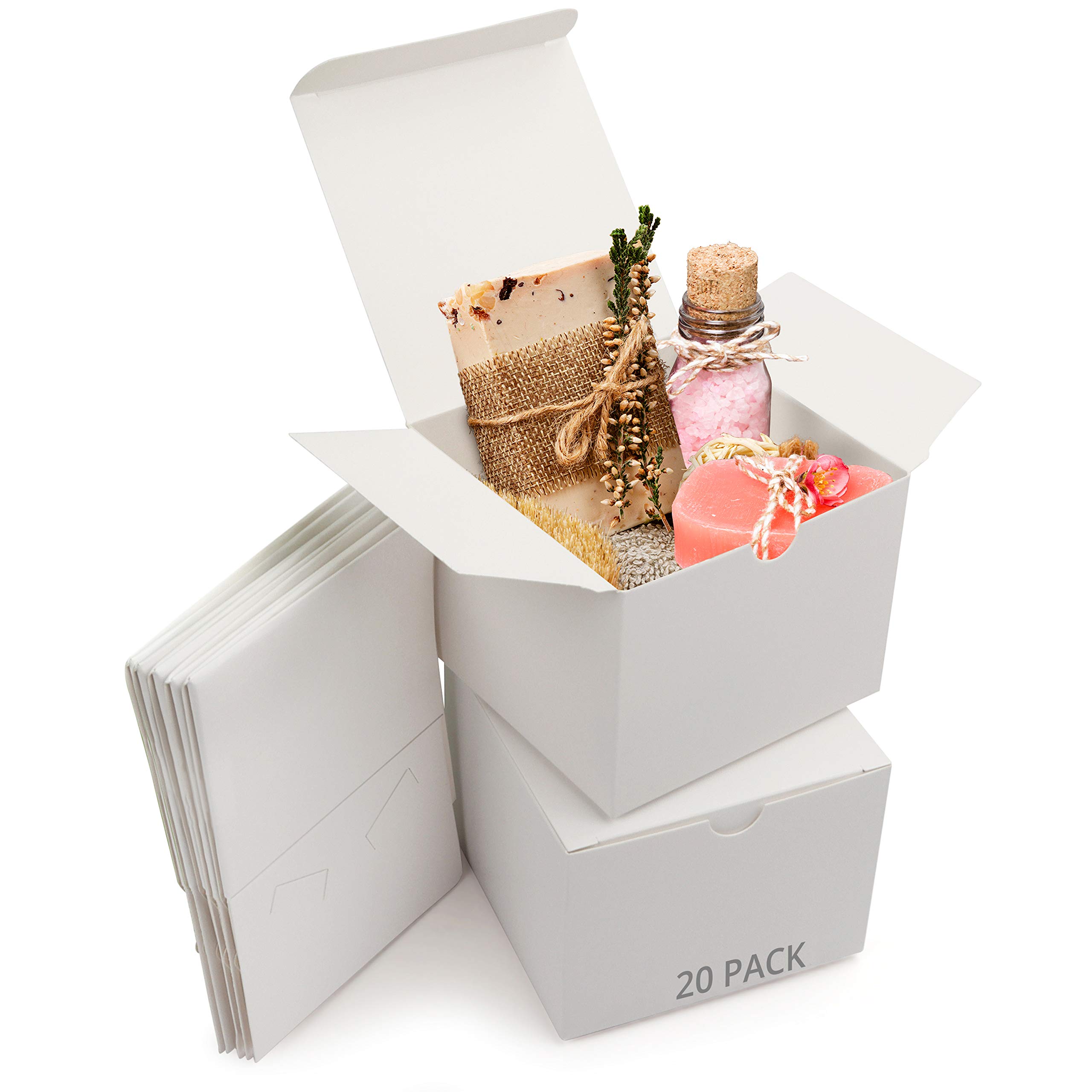Belle Vous 20 Pack White Kraft Gift Boxes - Box Measures 12 x 12 x 9cm (4.72 x 4.72 x 3.54 inches) - Easy Assemble Presentation Favour Present Box - Parties, Birthdays, Weddings, Holidays