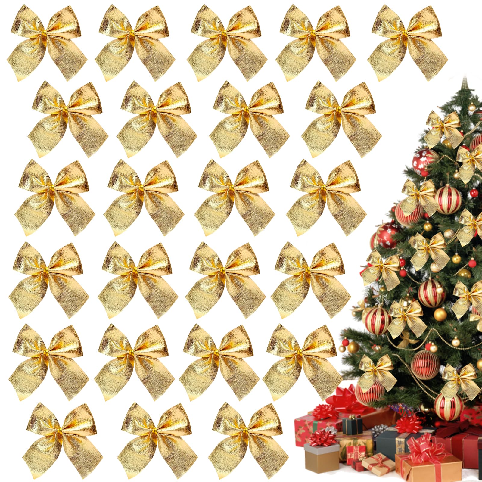 YONEEKSS 24 PCS Small Christmas Bows, Wreaths Xmas Tree Ornaments Decorative Bows, Ribbon Bows, Bow Ties Christmas Bowknot for Garland,Party,Gift Box Decor (golden)