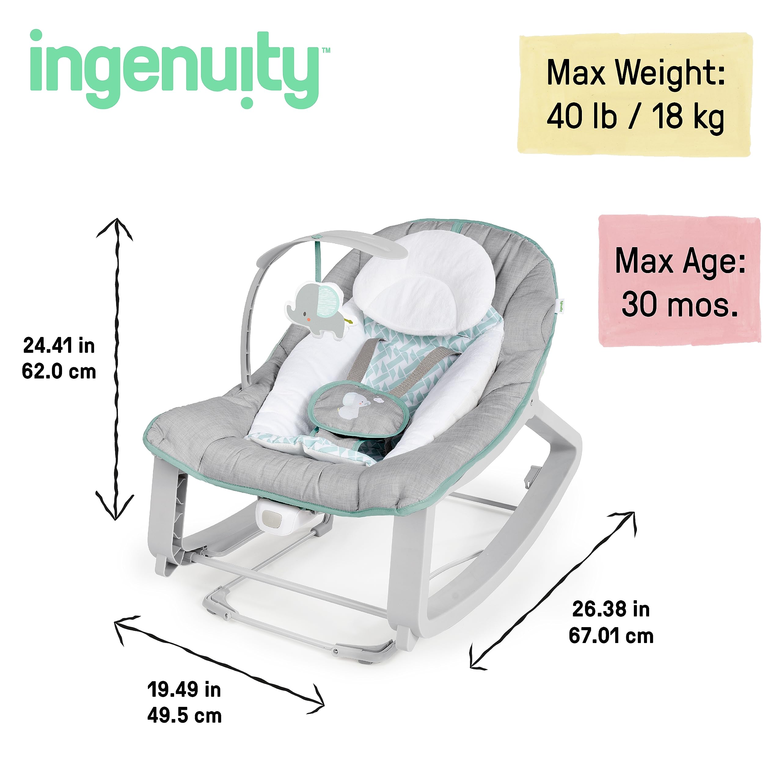 Ingenuity Keep Cozy 3-in-1 Grow with Me Vibrating Baby Bouncer, Seat & Infant to Toddler Rocker, Vibrations & -Toy Bar, 0-30 Months Up to 40 lbs (Weaver)