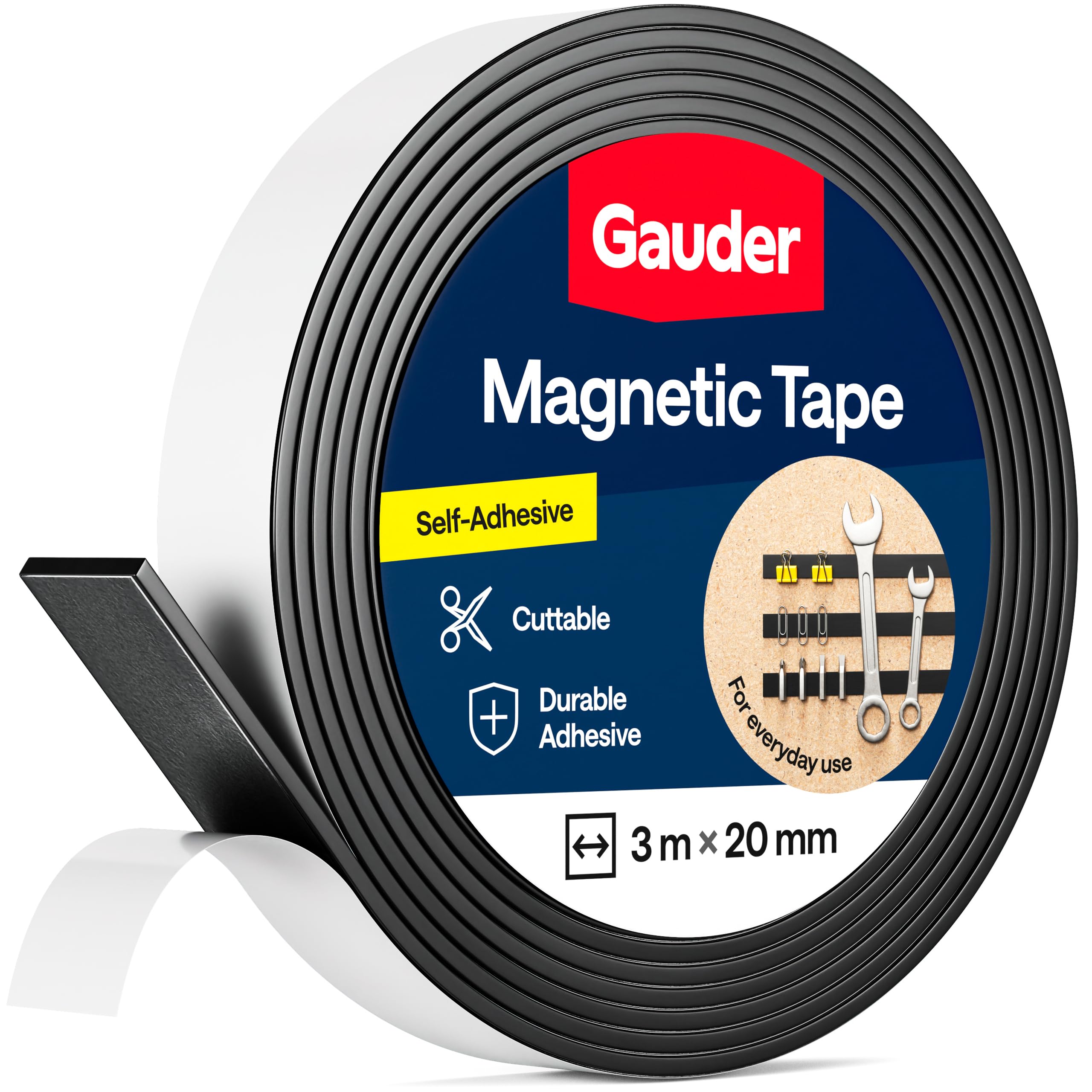 GAUDER Magnetic Tape Self-Adhesive Strong - Cuttable Magnet Strip with High Magnetic Strength - Sticky Magnet Tape with Strong Adhesive (3 m x 20 mm)