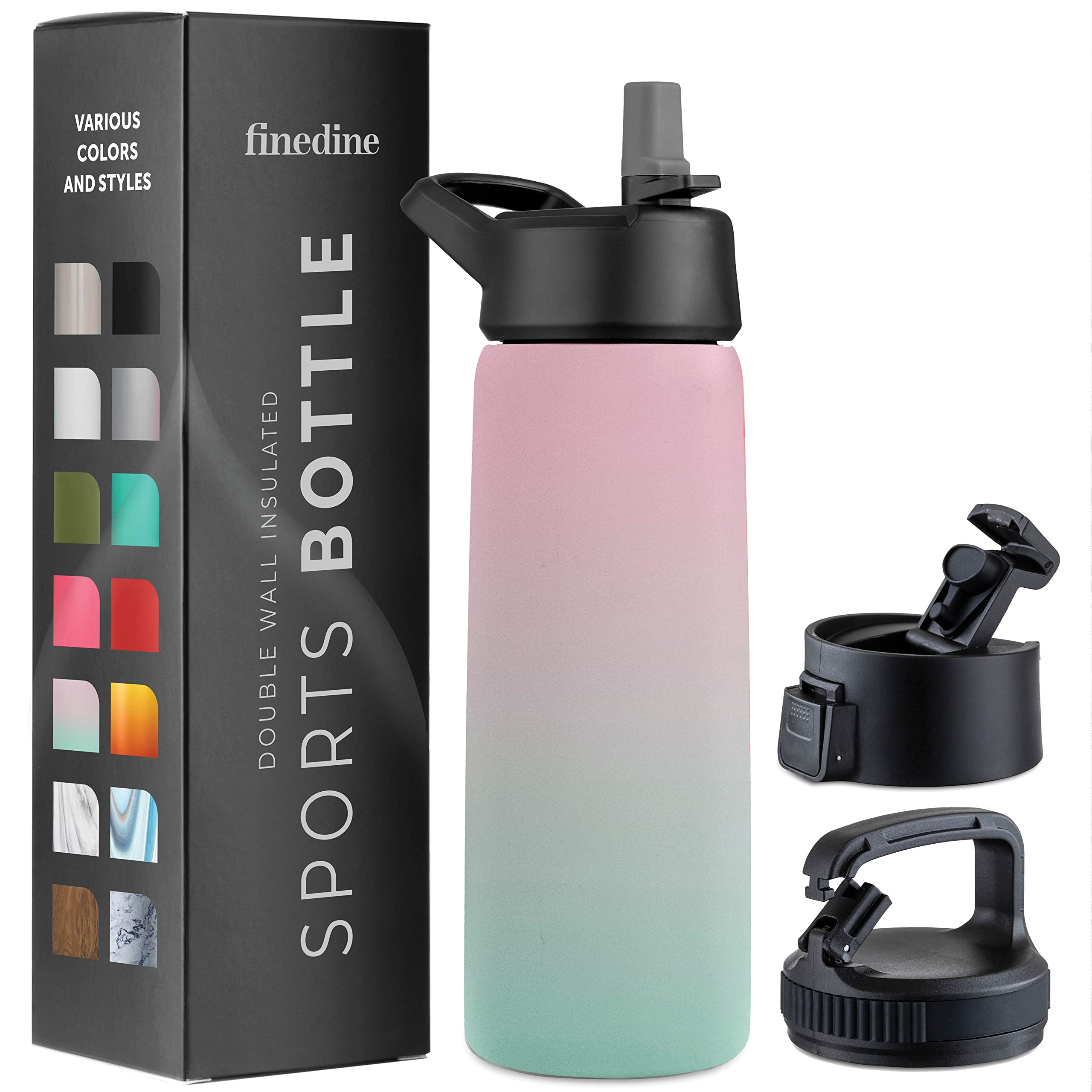 Photo 1 of FineDine Water Bottle - Stainless Steel Insulated Water Bottle with Straw Lid, Flip Lid & Wide-Mouth Cap - Keeps Hot and Cold - 25 Oz / 739ml - Dreamy Pink-Green