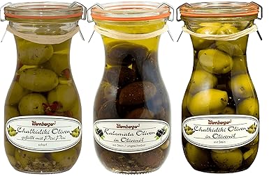 Oliven-Mix 3er Set in Olivenöl eingelegt 1x Kalamata Oliven, 1x Chalkidiki Oliven, 1x Chalkidiki Oliven gefüllt mit Chili