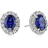 Amazon Collection Sterling Silver White Sapphire Halo Oval Stud Earrings