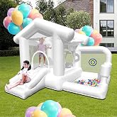 Inflatable White Bounce House with Ball Pit, Indoor &amp; Outdoor White Bounce Castle with Blower, Boncy House for Kids 3-8 Ages
