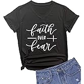 MIMOORN Womens V Neck Faith Over Fear T-Shirt Cute Summer Casual Short Sleeve Tees Tops