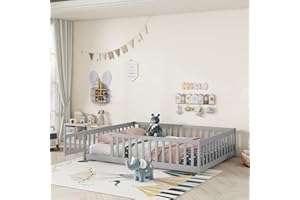 Mirightone Full Size Floor Bed for Kids, Wood Montessori Floor Beds with Fence Railings, Door & Slats Support, Full Playhouse Bed Frame for Boys Girls, No Box Spring Needed, Gray