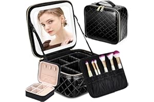 TopDirect Travel Makeup Bag With Light Up Mirror, Makeup Train Case Cosmetic Organizer Portable Artist Storage Bag, Adjustable Partitions Dividers & 3 Color LED Lighted Mirror Accessories, Black