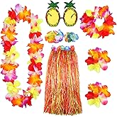 Elcoho 8 Pieces Grass Skirt Sunglasses Leis Necklace Bracelet Set Luau Decorations for Kids and Adults