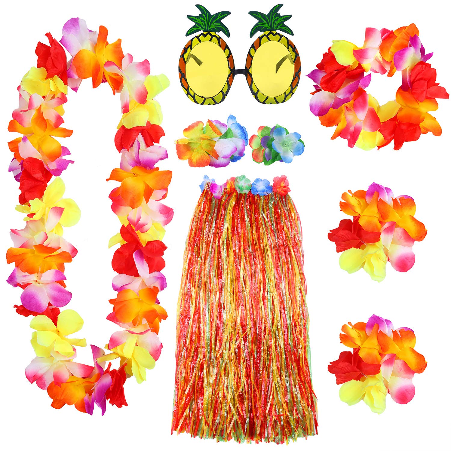 ELCOHO 8 Pieces Large Colorful Hawaiian Hula Grass Skirt Sunglasses Leis Necklace Bracelet Set (Colorful)