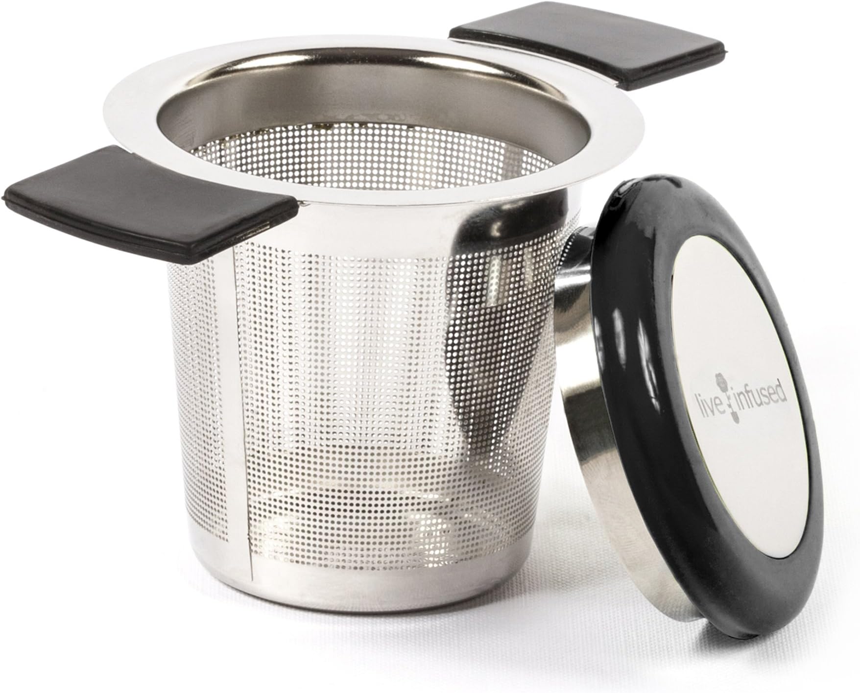 Large Capacity Stainless Steel Tea Infuser by Live Infused - Silicone Covers Handles & Lid Prevent Burns, Spills (Black)