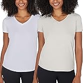 90 Degree By Reflex Short Sleeve Top V-Neck Soft Gym Shirt for Women - 2 Pack