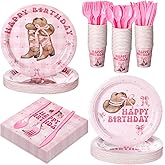 Yungyan 252 Pcs Pink Bow Cowgirl Birthday Party Tableware Set Included Plates Napkins Cups Forks Knives Cutlery for Party Decorations Supplies 36 Guests