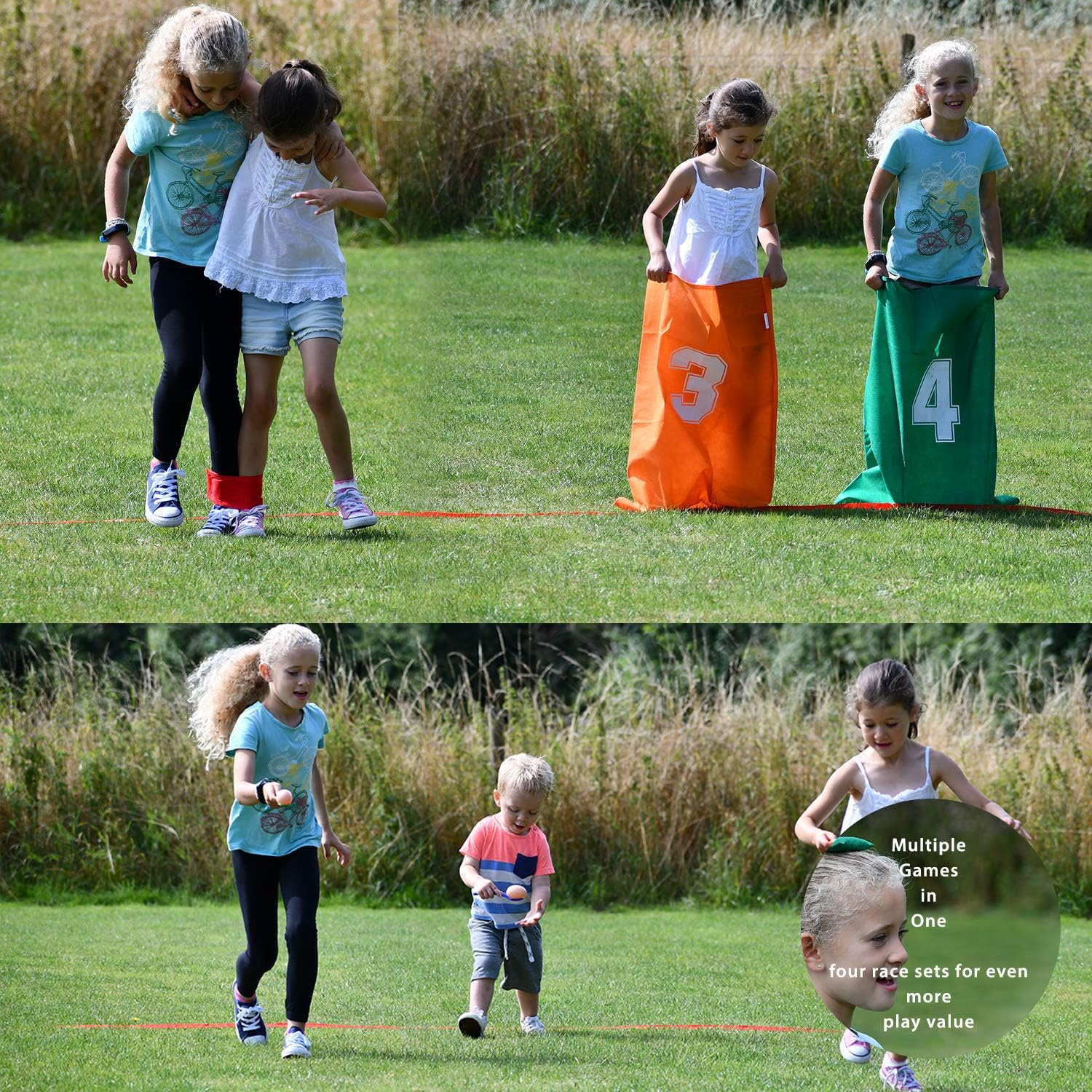 Party Sports Day Set - Sack Race, 3 Legged Race, Egg and Spoon Race, Bean Bags, Red, Blue, Yellow and Green, 73 x 52cm Sacks - Image 5