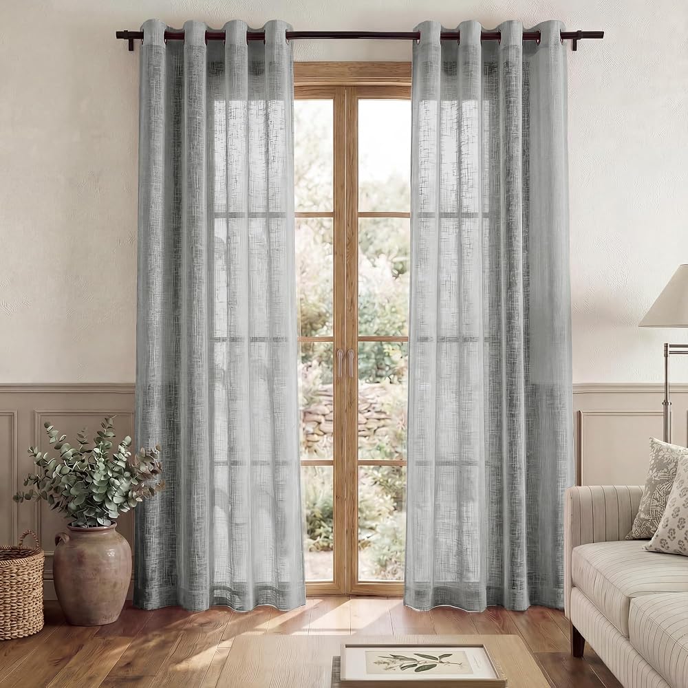 PONY DANCE Grey Voile Curtains 2 Panels 52x84 Eyelet Top Linen Texture