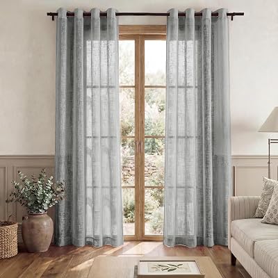 PONY DANCE Grey Voile Curtains 2 Panels 52x84 Eyelet Top Linen Texture