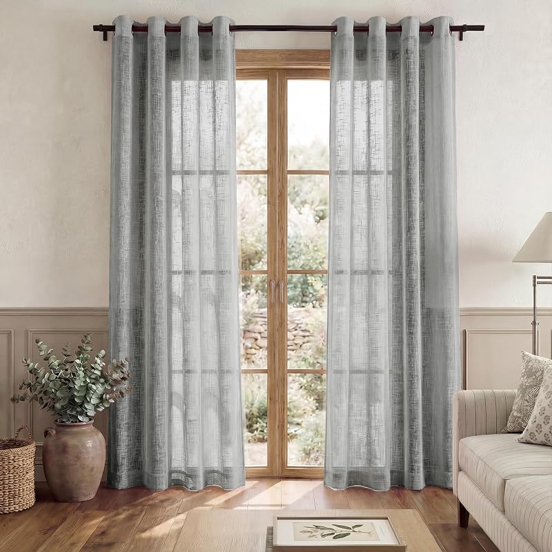 PONY DANCE Grey Voile Curtains 2 Panels 52x84 Eyelet Top Linen Texture