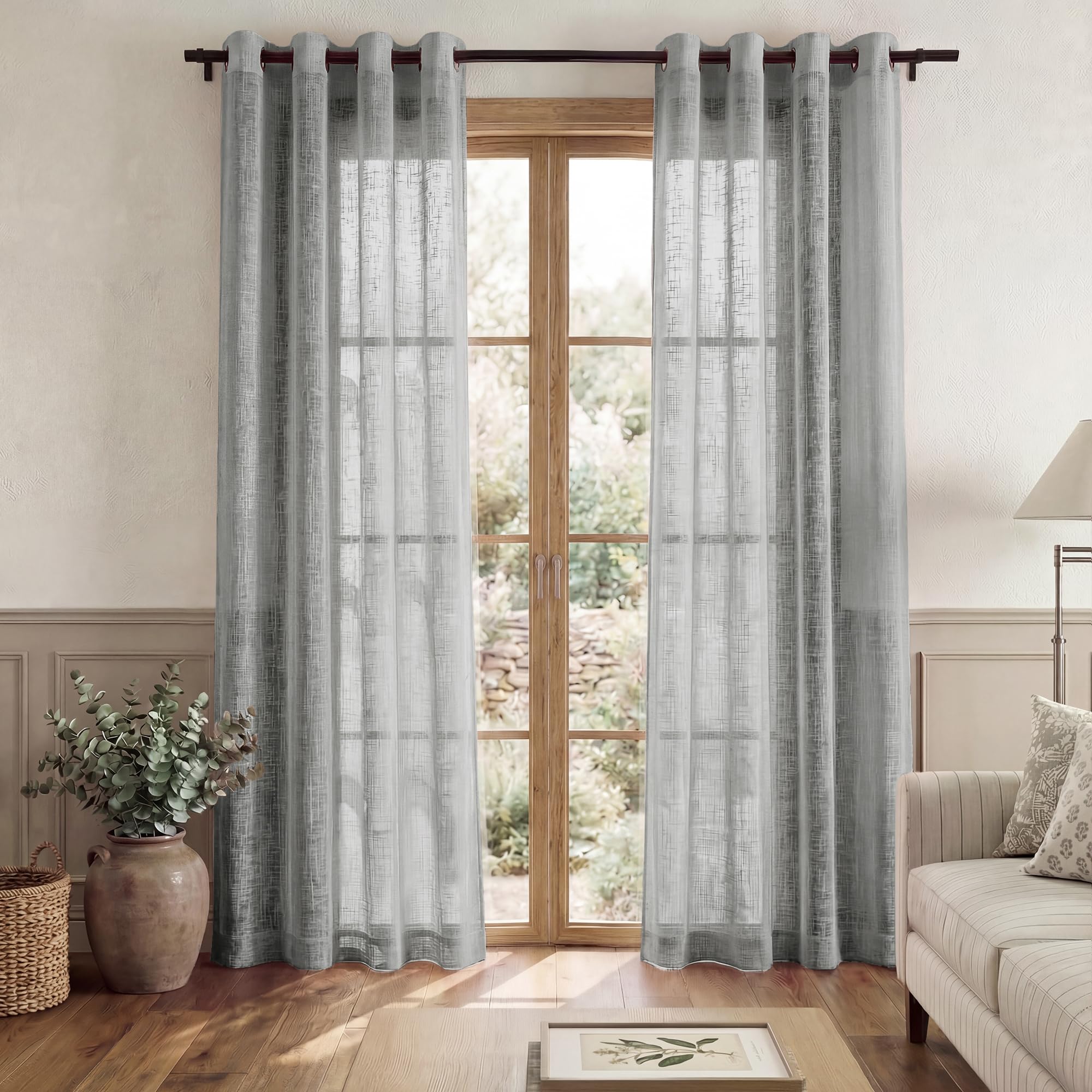 PONY DANCE Grey Voile Curtains - Window Net Curtains Eyelet Top Sheer Panels Privacy Protected for Bedroom/Nursery Room/French Door, Set of 2, 52-inch Wide by 84-inch Drop, Dark Grey