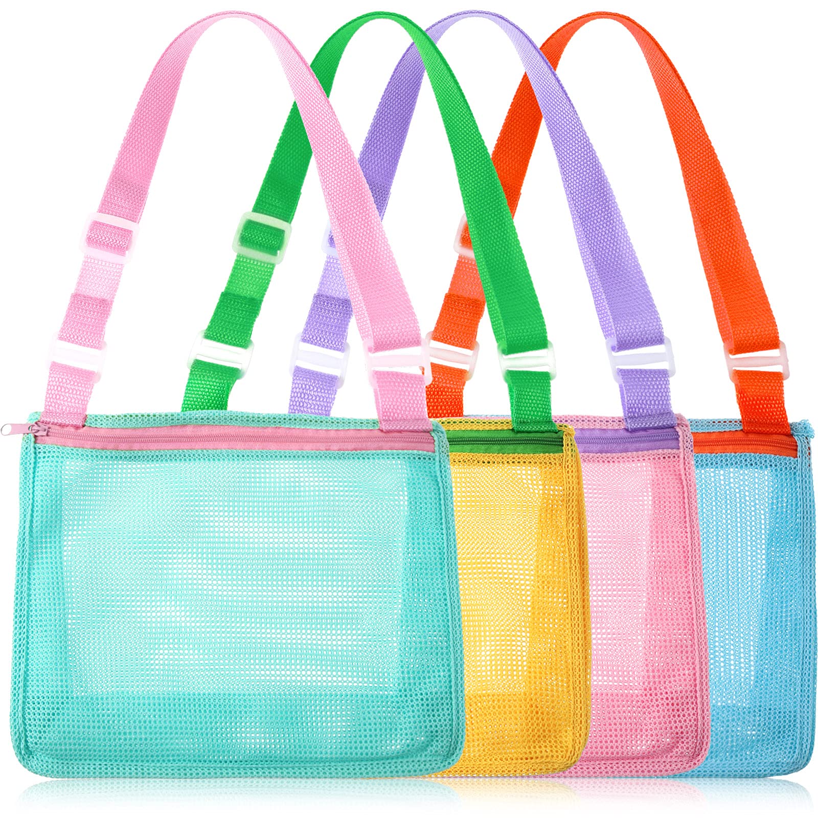 4 Pieces Beach Toy Mesh Bag Kids Shell Collecting Bag Mesh Beach Sand Toy Totes Colorful Mesh Beach Bag Swimming Accessories Storage Bag with Adjustable Carrying Straps (Chic Colors)