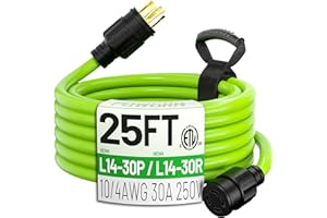 POWGRN 25Feet 30 Amp Generator Extension Cord 4 Prong,Heavy Duty NEMA L14-30P/L14-30R,125/250V 7500W,Green 10 Gauge STW Twist Locking Generator to House Power Cords with Cord Organizer,ETL Listed
