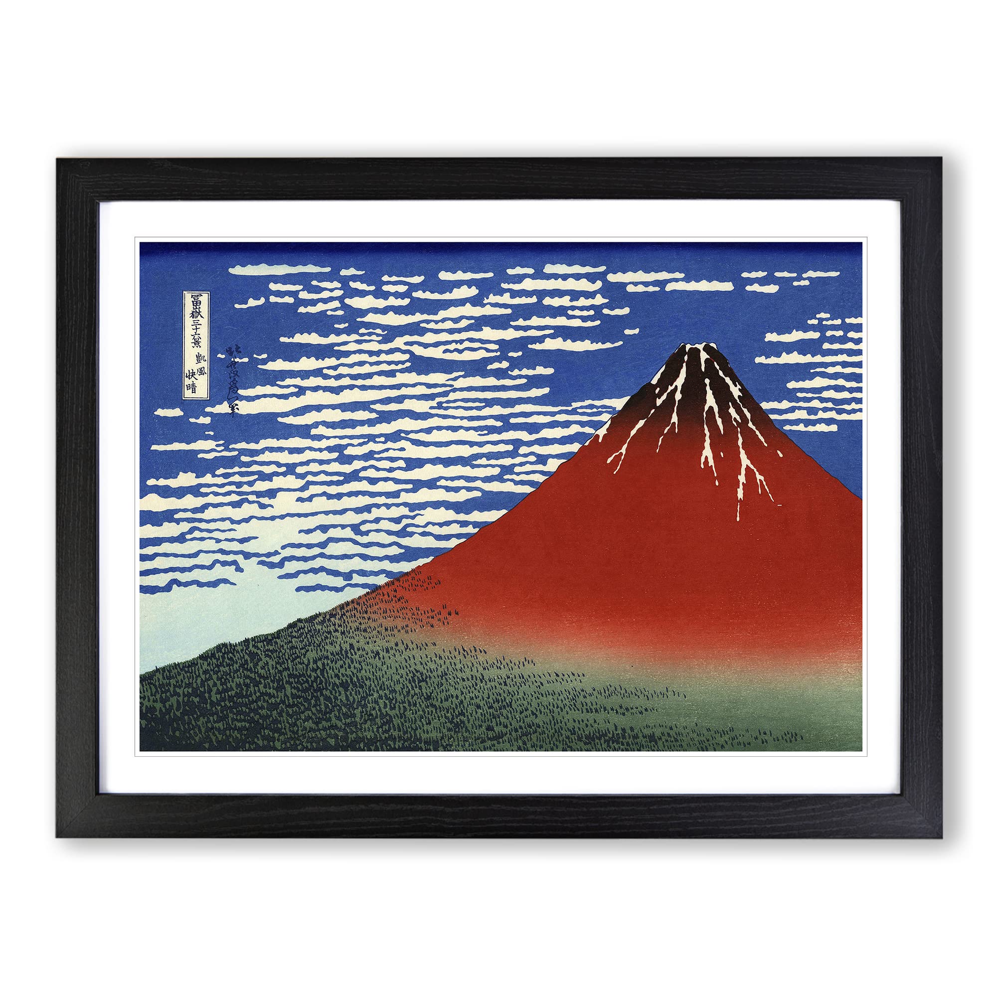 Hokusai Japanese Red Mount Fuji Asian Japanese Framed Wall Art Print, Ready to Hang Picture for Living Room Bedroom Home Office Décor, Black A4 (34 x 25 cm)