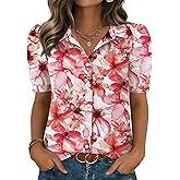 Zeagoo Women Button Down Shirts Puff Short Sleeve Blouses Chiffon Tops Business Casual Outfits Summer Clothes