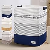 AINUOQI Large Laundry Basket - Tall Woven Rope Laundry Hamper with Leather Handles - Dirty Clothes hamper for Living room, Bedroom, 17.8" X 13.8" X 22", Dark Blue & White