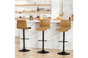 HeuGah Bar Stools Set of 3, Swivel Counter Height Barstools with Back, Adjustable Height 24" to 32", Whiskey Brown Faux Leather Bar Chairs for Kitchen Island (Whiskey Brown, Set of 3 (24'' to 32''))
