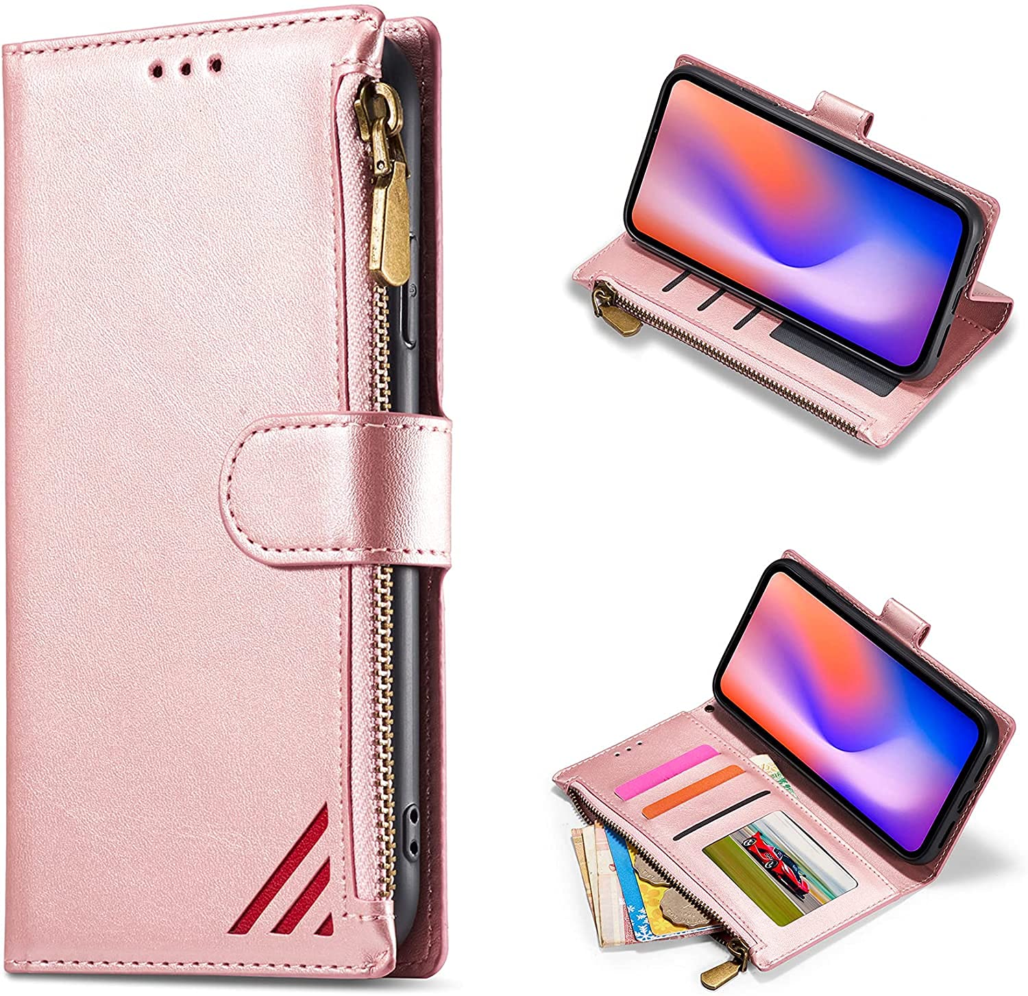 DEFBSC Case for iPhone XR, Stitching Zipper Case Premium PU Leather Magnetic Closure Card Holder Slots Zipper Pocket Case with Wrist Strap TPU Shockproof Flip Case Cover - Rosegold