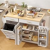 VVFLU 51.8" Kitchen Island Cart with Trash Can Storage, Kitchen Island on Wheels with Power Outlet &amp; Drop Leaf, Rolling Kitchen Cart with Towel Rack &amp; Spice Rack, Mobile Islands Table for Kitchen