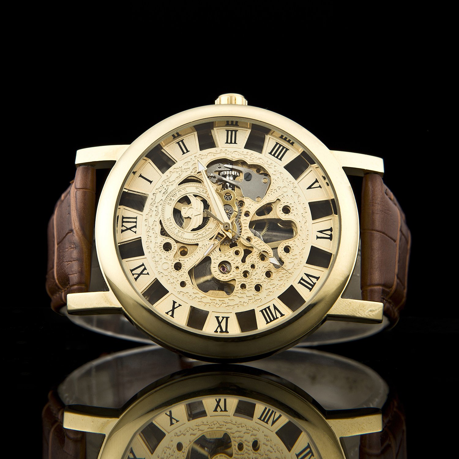 Sewor Men\'s Mechanical Roman Numeral Display Leather Wrist Watch Big Style 46mm (Gold)