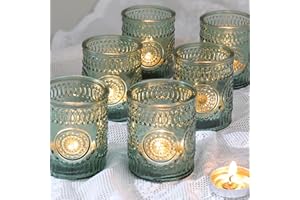 Lanttu 12pcs Green Votive Candle Holders，Glass Tea Lights Candle Holder Bulk for Birthday Parties, Weddings, Table Decorations, Candlelight Dinners
