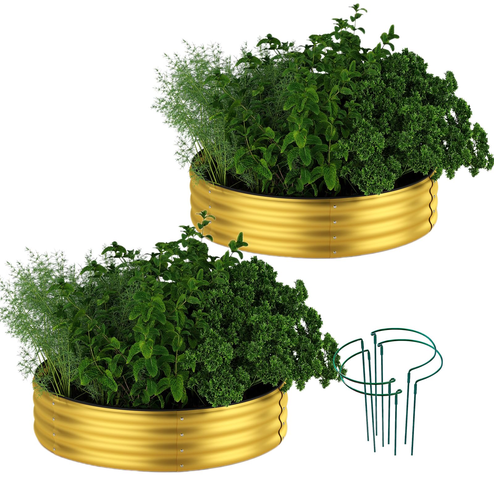 ZFHgarden Galvanized Metal Planter Round Raised Garden Bed Kit for Gardening Outdoor Galvanized Planter Outdoor 2PC Gold 2X2X1FT Image