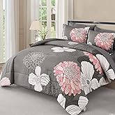 Yiran Grey Pink Comforter King Size 7 Pieces Floral Bed in a Bag Boho Comforter Set Soft Microfiber Bedding Sets for All Season with Flat Sheet Fitted Sheets Pillowcases & Pillowshams