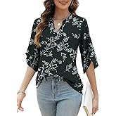 LUYAA Women's 3/4 Sleeve Blouses Tops V Neck Casual Dressy Double Layers Mesh Loose Fit Tunic Shirts