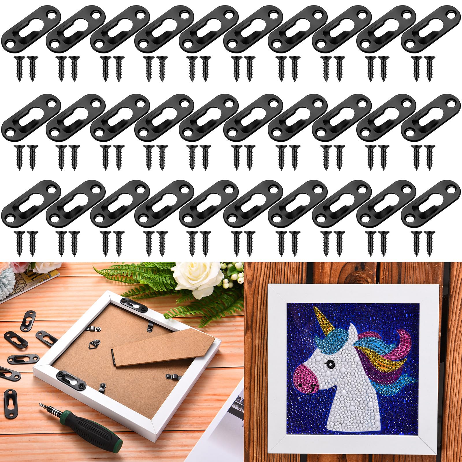 Photo 1 of Ripeng 30 Pcs Single Keyhole Hangers Picture Hanger with 60 Pcs Screws Metal Keyhole Hanging Brackets Metal Hanging Fasteners Plate Hooks for The Wall Mirror Picture Frames, 43 x 16 mm(Black)