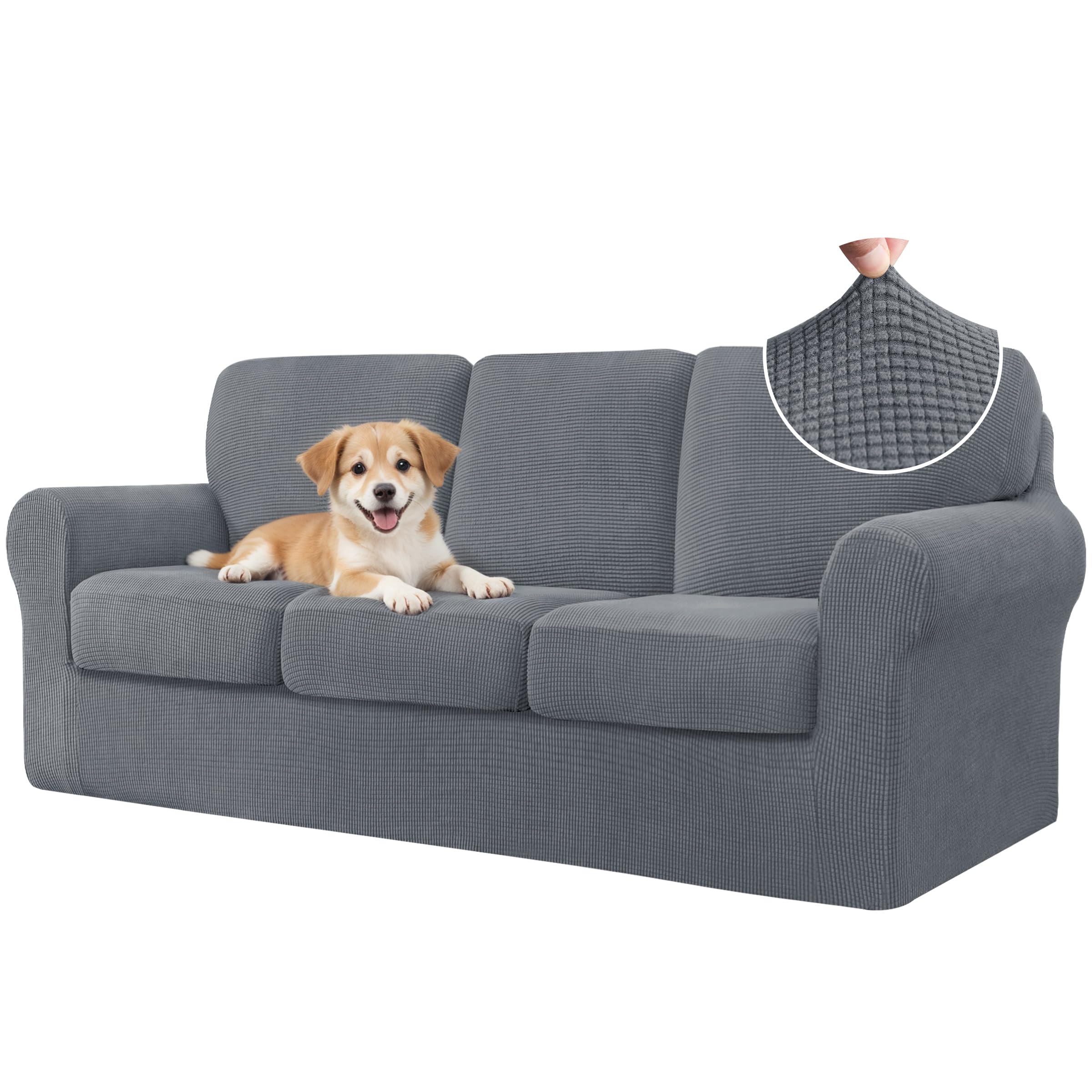 Photo 1 of CHUN YI 7 Piece Couch Covers Sofa Covers Washable, Stretch Sofa Slipcover for 3 Cushion Couch with Seperate Backrest and Cushion Covers, Anti Slip Furniture Protector for Dogs Pets (Large, Light Grey)