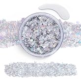 Body Glitter Gel - Chunky Silver Face, Festival Rave Makeup Accessories | Chunky Holographic Sequins, No Glue Needed, for Face Hair Body, Festival Mermaid Concert Makeup, 6 Colors, Easy Wash Off