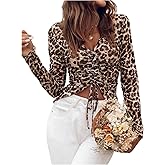 OYOANGLE Women's Leopard Print Tops Long Sleeve Drawstring Front Ruched Y2K Cheetah Sheer Tops