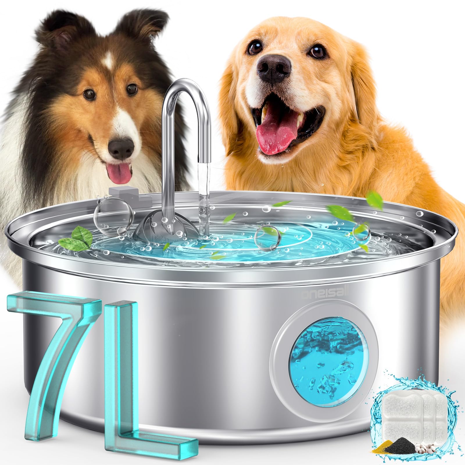 Photo 1 of oneisall Dog Water Fountain, 7L/230oz/1.8G Quiet Dog Fountain Water Bowl, Stainless Steel Dog Water Fountain with Visual Water Level&Triple Filtration for Large Medium Small Breed Dogs Pets