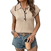 Dokotoo Womens Short Sleeve Sweater Spring Summer Tops Button Collar Lightweight Knit Sweaters Vacation Outfits