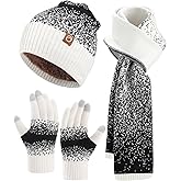 AWAYTR Winter Hat Gloves Scarf Set for Women, 3 Pcs Knit Beanie Touchscreen Gloves Long Scarf Cold Weather Set