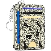 Kelvoris Black Cat Credit Card Holder Slim Wallet Women, Cute Flowers Small RFID Blocking Wallet Woman Keychain with Zipper Coin Pocket, Front Pocket Thin Travel Ladies Card Case with ID Window