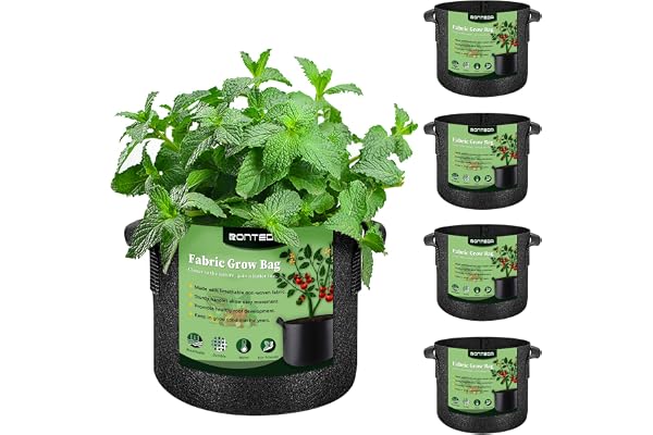 RONTEDA 5-Pack 5 Gallon Grow Bags - 5 Gal Fabric Pots Cloth Pots Heavy Duty Nonwoven Plant Bag with Handles for Vegetable Tom