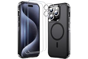 MOZOTER 6-in-1 Magnetic for iPhone 15 Pro Case,[Compatible with Magsafe][Military Grade Drop Protection][Glass Screen Protector+Camera Lens Protector] Heavy Duty Shockproof Case 6.1 Inch-Black