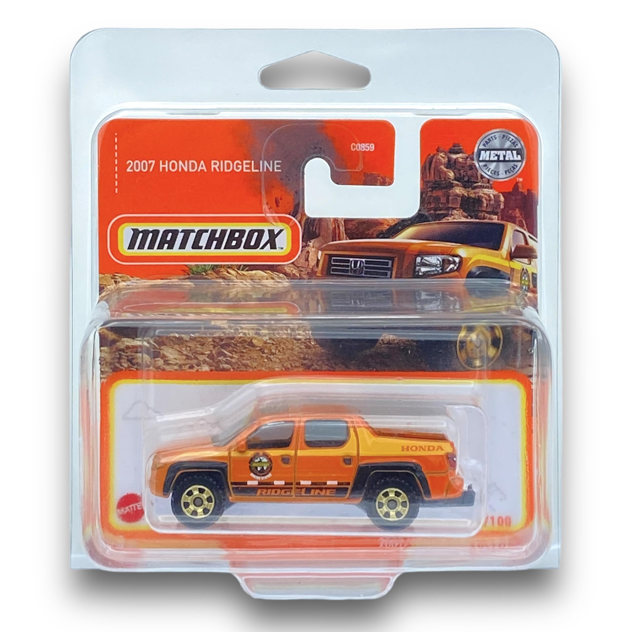 Matchbox 2007 Honda Ridgeline (Orange) - Honda 2023-96/100 (Short Card) - COMES IN A KLAS CAR KEEPER SHORT CARD PROTECTOR CASE - HFT17