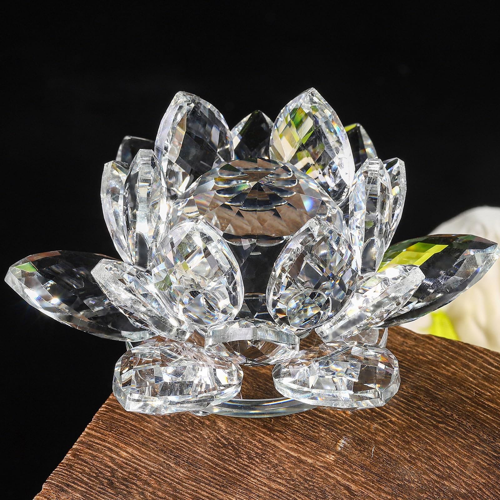 Photo 1 of TENGFENG Sparkle Crystal Lotus Flower - 4'' Hue Reflection Clear Crystal Lotus for Feng Shui Home Decor Sun Catcher Ornaments or Paper Weight with Gift Box (100MM) Transparent