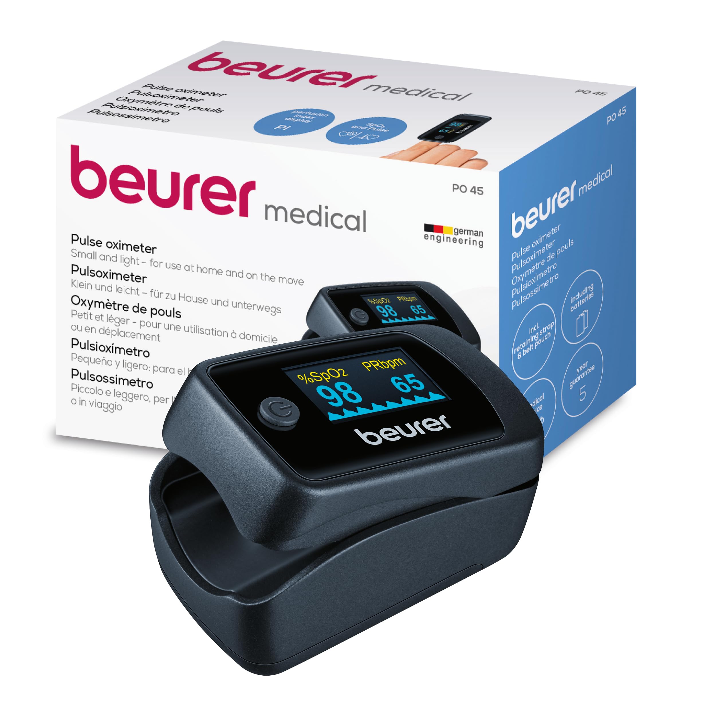 Beurer PO45 Pulse Oximeter, Measures Heart Rate, Arterial Oxygen Saturation and Perfusion Index, Suitable for Medical Conditions, High-Altitude Sports