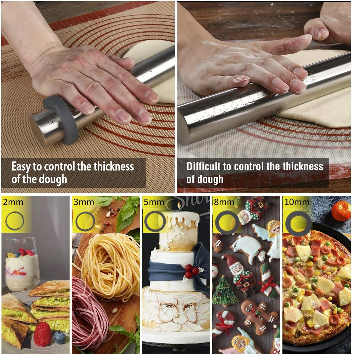 Adjustable Rolling Pin with Thickness Rings for Baking -Non Stick Stainless Steel Dough Roller Pin with Bands for Cookie, Wood, Wooden and Bread(15.8 '', Grey): Kitchen & Dining