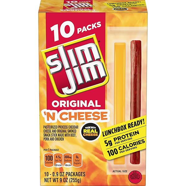 SLIM JIM BEEF ‘N CHEESE SMOKED MEAT STICKS, ORIGINAL FLAVOR, 5G PROTEIN PER SERVING, SNACK SIZE, EASTER BASKET STUFFER, 0.9 OZ. (10 COUNT)